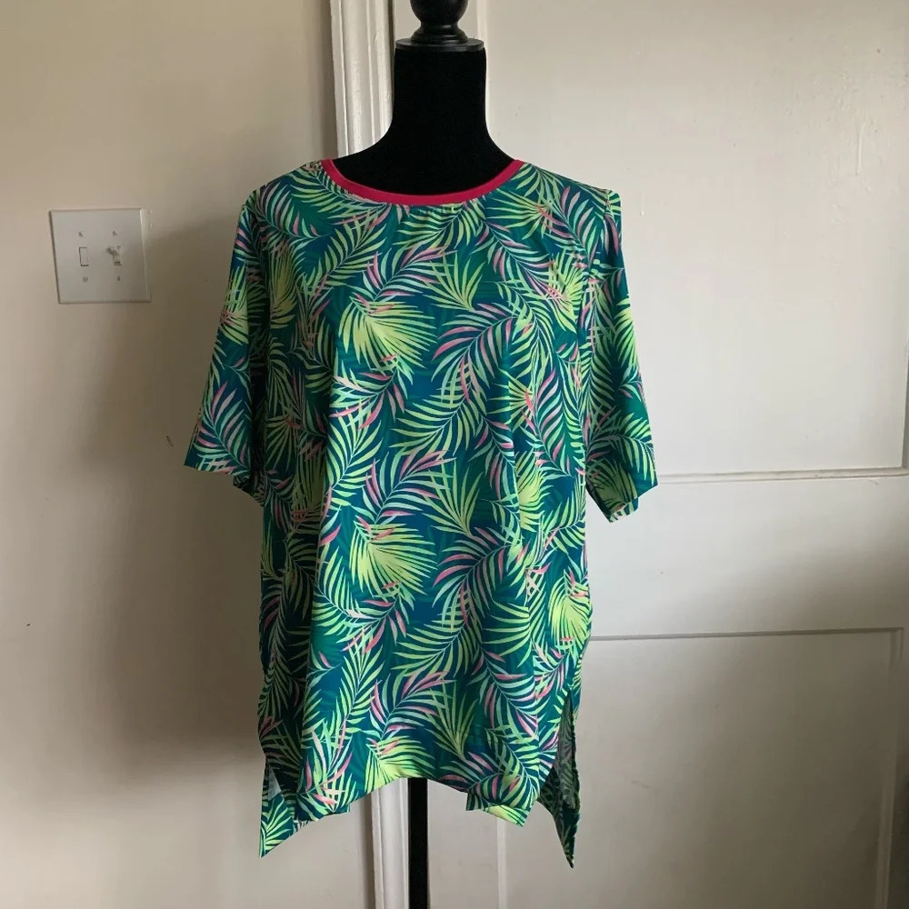 Lands' End 365 Tunic Palm Print Baltic Teal Pink Green Size L (14-16)